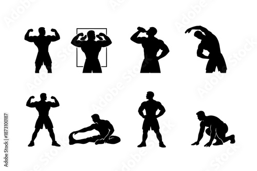 Fitness and exercise icon set. Containing weightlifting, yoga, running, stretching, push-up, sit-up, cardio, and more.