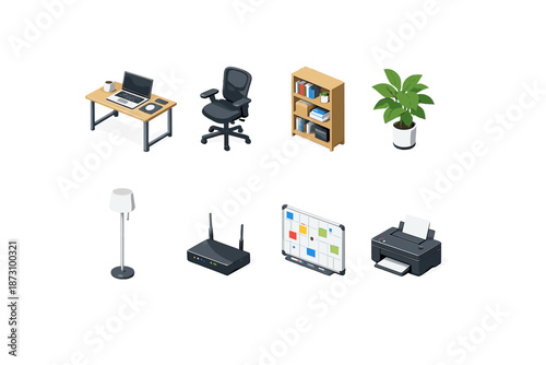 Office Furniture and Equipment Icon Set - including desk, chair, shelf, printer, lamp, plant, router, and board