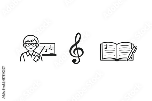 Music and Education Icon Set. Containing musician, notes, book, learning, lesson, teacher, student, melody, piano, script, sound, rhythm, voice,