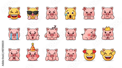 Set of cute pig emojis showing various emotions and actions, perfect for digital communication and expressing feelings