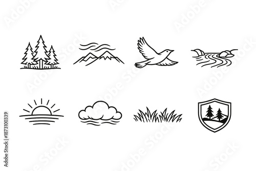Nature and Outdoors Icon Set. Containing trees, mountains, bird, river, sun, clouds, grass, landscape and more.