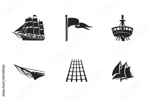 Nautical and maritime icons set. Containing ship, sailboat, flag, lighthouse, sea, ocean, anchor, compass and more.