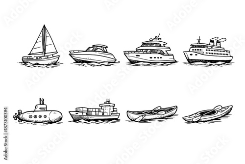 Marine and boating icon set. Including sailboat, yacht, cruiser, submarine, cargo, kayak, and more.