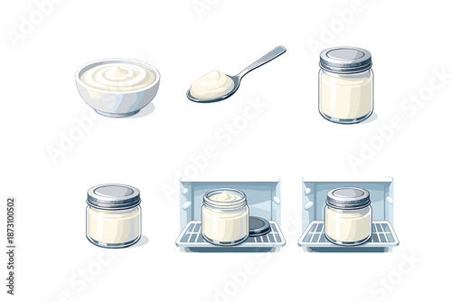 Food and dairy icon set. Containing yogurt, milk, cream, cheese, container, spoon, fridge, fresh, healthy, snack and more.