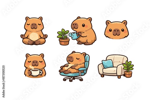 Cute Animal Icons Set: Relaxing, Gardening, Drinking, Sitting, Family, Cozy