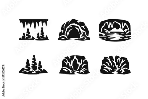 Cave and rock formations icon set. Containing stalactites, stalagmites, cavern, landscape, geology, underground, nature, boulders, and more.
