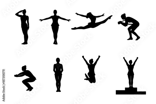 Fitness and Exercise Icon Set. Containing athlete, workout, stretch, jump, weight, muscle, run, training, sport, health, gym, cardio, balance, move,