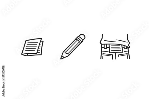 Documents and writing icon set. Containing paper, pencil, notes, clipboard, writing, edit, stationery, notebook, and more.