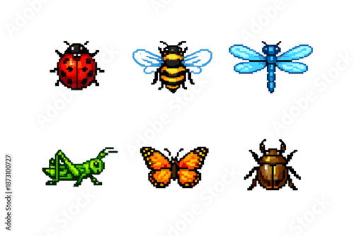 Insects and bugs icon set. Featuring ladybug, bee, dragonfly, grasshopper, butterfly, beetle and more.