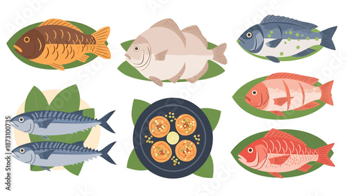 Vibrant Collection of Fresh Seafood and Prepared Fish Dishes, Highlighting Diverse Culinary Styles and Healthy Eating Options, Ideal for Menus and Food Market
