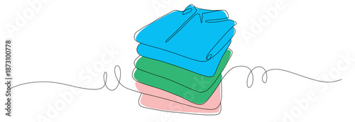 Continuous line art of a stack of folded clothes in a curved line style. This icon is for a clothing store or laundry banner. Vector illustration with color.