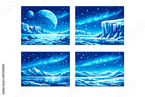 Space and landscape icon set. Featuring planet, stars, galaxy, ice, mountain, aurora, comet, ocean and more.