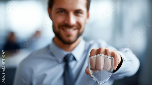 Faceless smiling employee in combative body pose with extended arm holding plain cybersecurity shield, security defense posture, digital protection stance, defocused person, with copy space