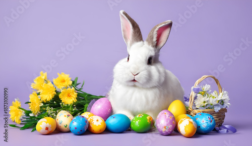 Happy easter. Painted eggs and rabbit on violet