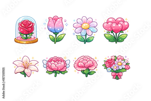 Floral Icons Set: Rose, Tulip, Daisy, Heart, Lily, Carnation, Bouquet, Blossom, Petal, Garden