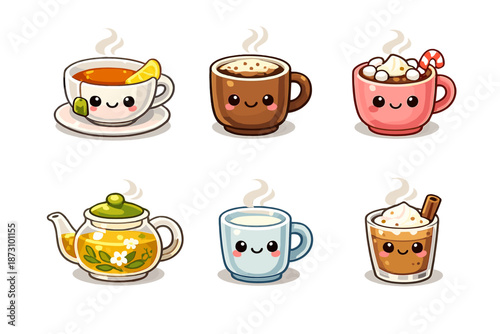 Beverage icons set. Containing tea, coffee, mug, cup, hot chocolate, teapot, drink, sweet, aromatic, warm, cozy, and more.