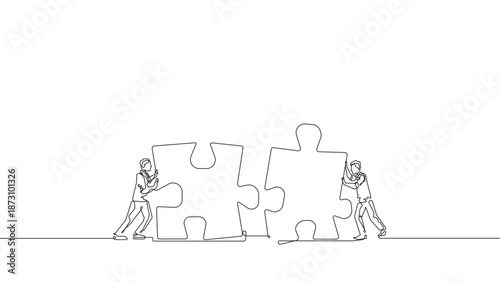 Continuous line teamwork puzzle vector illustration, business collaboration and problem solving concept
