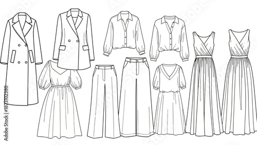 Technical fashion drawing set of various women clothing including coats jackets blouses dresses and wide leg trousers demonstrating apparel design and garment specifications line art outlines