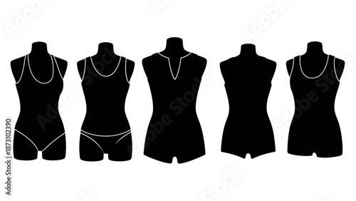 Set of black silhouettes showcasing various women swimwear styles displayed on abstract female torso mannequins including one piece bathing suits tankinis 