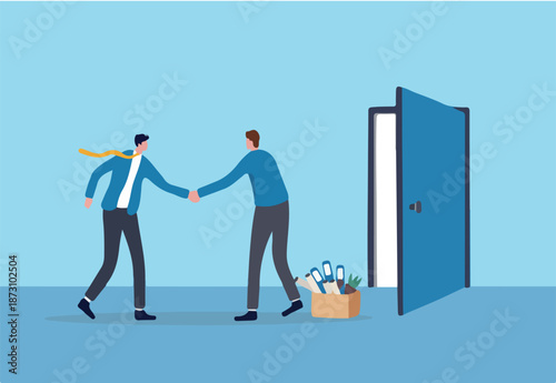 Offboarding process for employee leaving company, farewell or departure, quit job, decision for new opportunity, terminate work contract process, businessman manager check hands with leaving employee