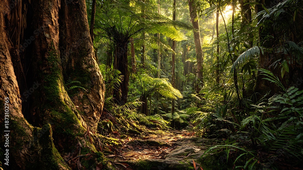 custom made wallpaper toronto digitalSunlit forest path winding through a vibrant, moss covered jungle