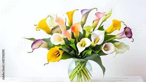 Colorful calla lily bouquet in glass vase