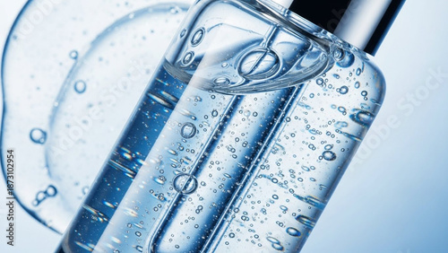 Clear Gel Droplet and Bubbles on a Transparent Bottle.