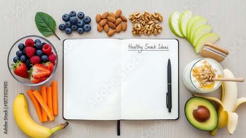 Healthy snack ingredients arranged around blank notebook, nuts and seeds, flat lay composition, nutrition planning concept, bright minimal style.