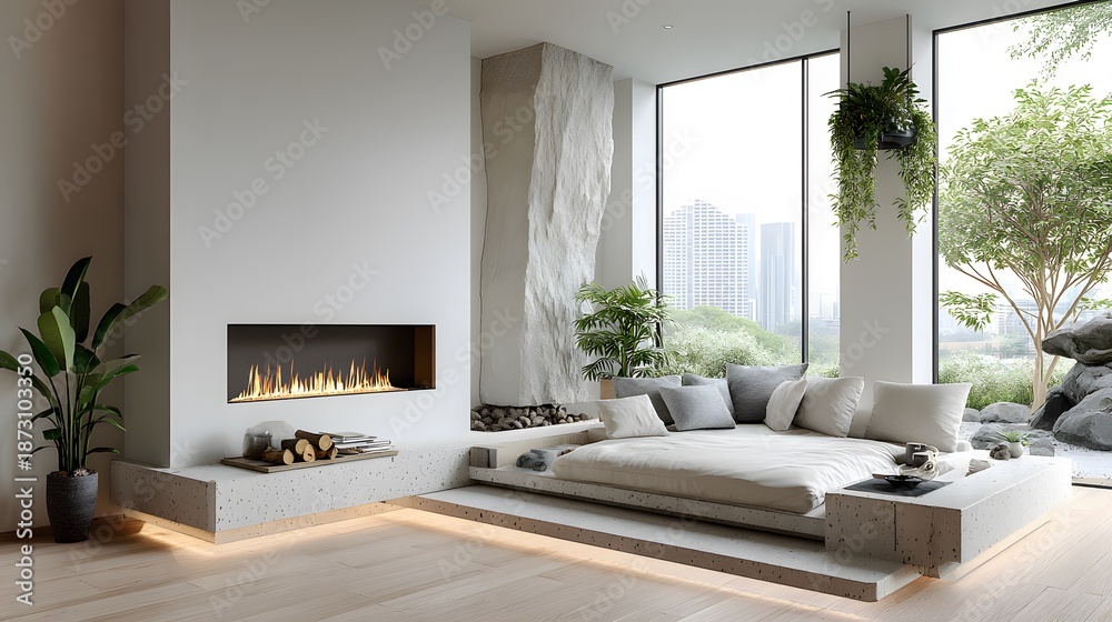 Fototapeta premium Minimalist white living room featuring modern built-in gas fireplace with line of flames and terrazzo platform in zen bright atmosphere.