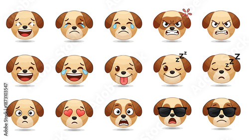 Set of cute dog emojis expressing various emotions and feelings on a white background