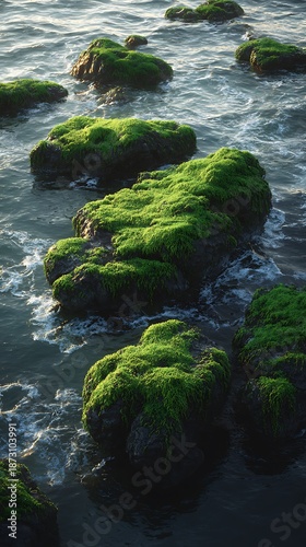 Wallpaper Mural Vibrant green moss covers ocean rocks under natural sunlight Torontodigital.ca