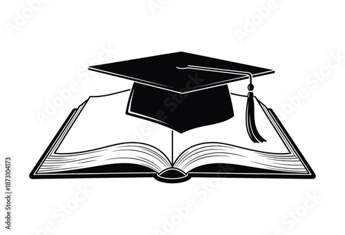 Black graduation cap resting on an open book symbolizing education and academic achievement.