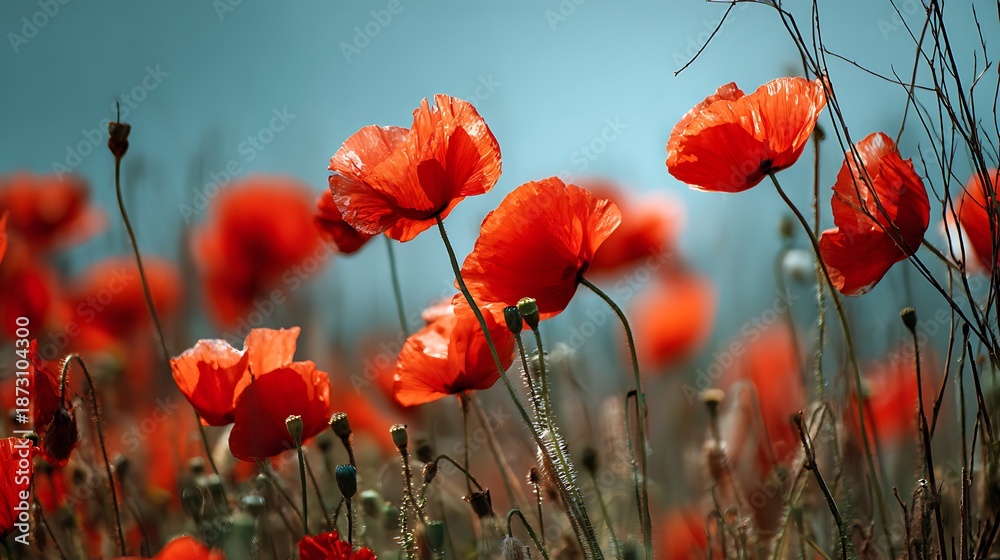 Obraz premium Vivid red poppies gently sway in a sunny field under a clear sky