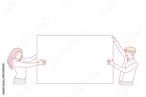 Copy space and blank concept. Smiling woman and man standing holding huge white copy space blank sign in hands for marketing advertisement vector illustration