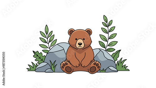 Cute brown bear sitting by rocks and leaves vector illustration