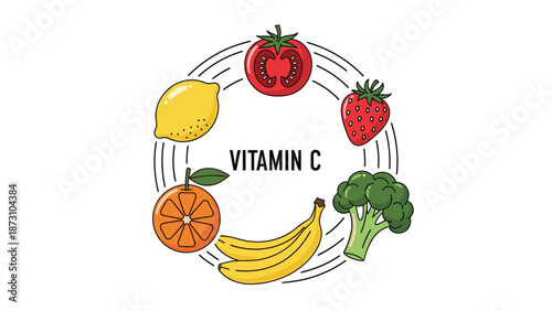 Vitamin C sources flat line vector illustration with fruits and vegetables