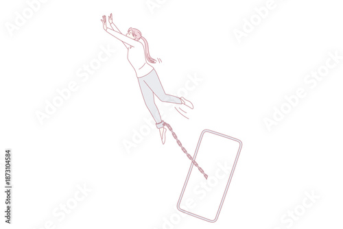 Addiction to internet and gadgets concept. Young woman trying to fly away from smartphone connected with chain on leg like slave vector illustration