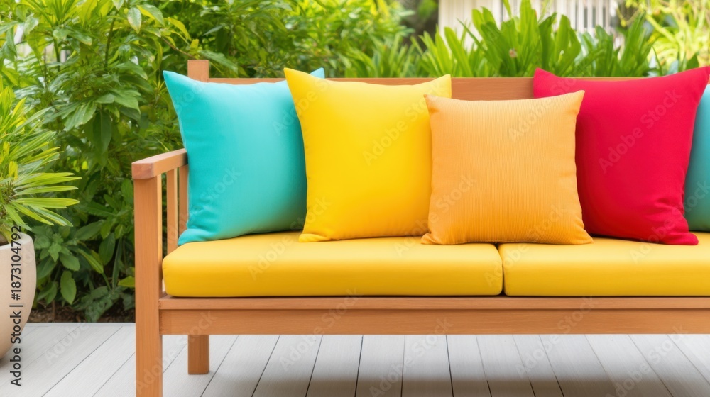 Fototapeta premium Outdoor patio terrace, wooden bench with many bright multi colored cushions (yellow, red, turquoise), green garden background, summer party atmosphere
