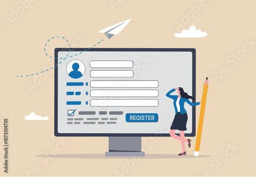 Register new user account, registration form or submission, sign up information online, apply new job or membership, self service concept, businesswoman with pencil complete online registration form.