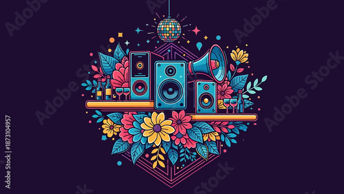 Dynamic music festival graphic with vibrant floral arrangements, speakers, and a sparkling disco ball, symbolizing rhythm, celebration, and lively event energy on a dark canvas