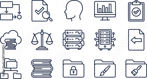 Data Management and Financial Technology Icon Set with Cloud Computing, Legal Scales, Server Infrastructure, Digital Wallet, Money Transfer and Business Analytics.