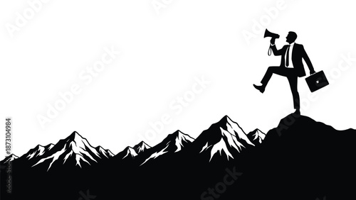 Silhouette of a businessman on a mountain peak speaking through a megaphone