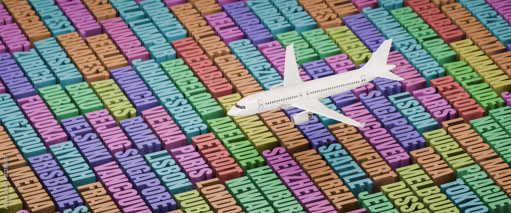 Obraz premium Flight Industry or Global Business concept. A model airplane cruising over the names of the main airport cities of the world. Web banner format