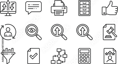 Business Process Management Icons Set with Data Analysis, Office Workflow, Legal Compliance, Financial Calculation, Human Resources, Document Filing and System Optimization.