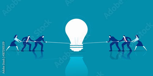 Business people pulling on a rope connected to a bright lightbulb concept