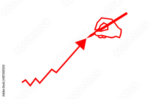 右肩上がりの折れ線グラフ - 右肩上がりの折れ線グラフと赤色のペンで、売り上げ急増の線グラフのイメージ
