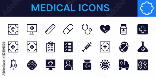 Collection of various medical icons depicting healthcare symbols and equipment