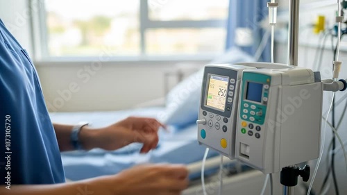 Healthcare Professional Adjusting Medical Infusion Pump Settings in Hospital Room, Wearing Scrubs, Focusing on Patient Care and Technology Management