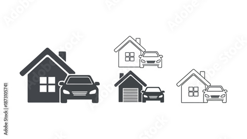 Collection of stylized icons representing property insurance concepts with vehicles and residential buildings