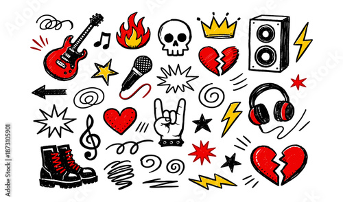 Doodle illustration of rock and roll symbols like guitar, microphone, and broken hearts